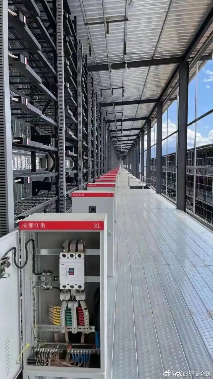 A large-scale mining farm with rows of mining rigs, showcasing the industrial scale of modern Bitcoin mining.